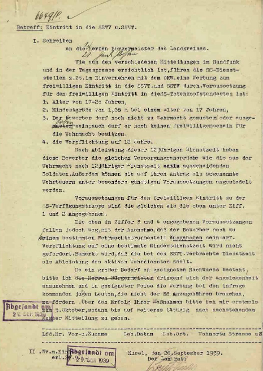 Voraussetzungen fr die Aufnahme in die SS-Totenkopfverbnde und die SS-Verfgungstruppen
(Waffen-SS)